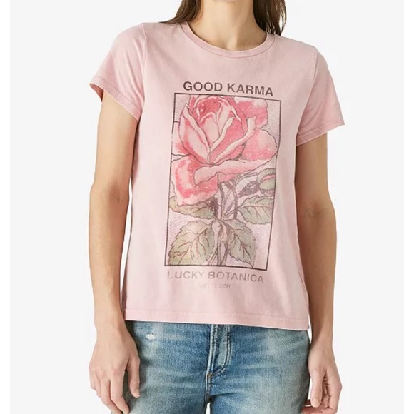 Lucky Brand Pink Short Sleeve "Good Karma" Graphic T-Shirt - Picture 1 of 7